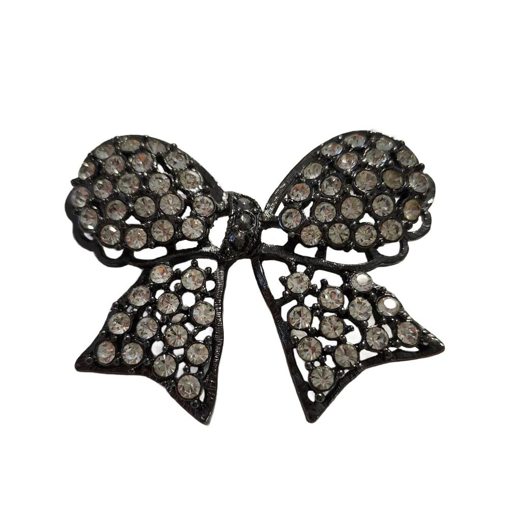 Art Deco Black Crystal Bow Ribbon Brooch, 2.25" Wide